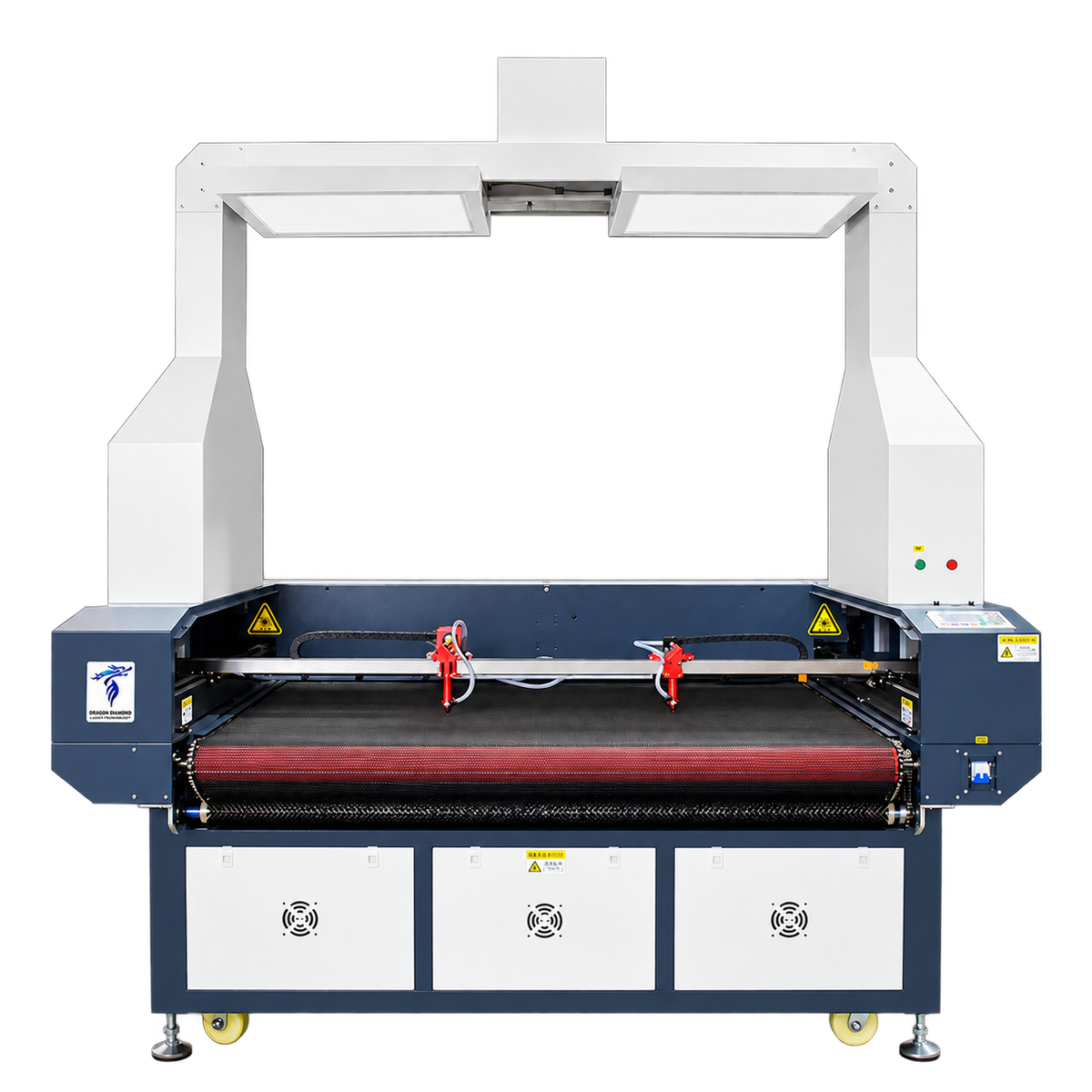 LZ-1610L panoramic CCD fabric laser cutter with two heads on one rail and conveyor table