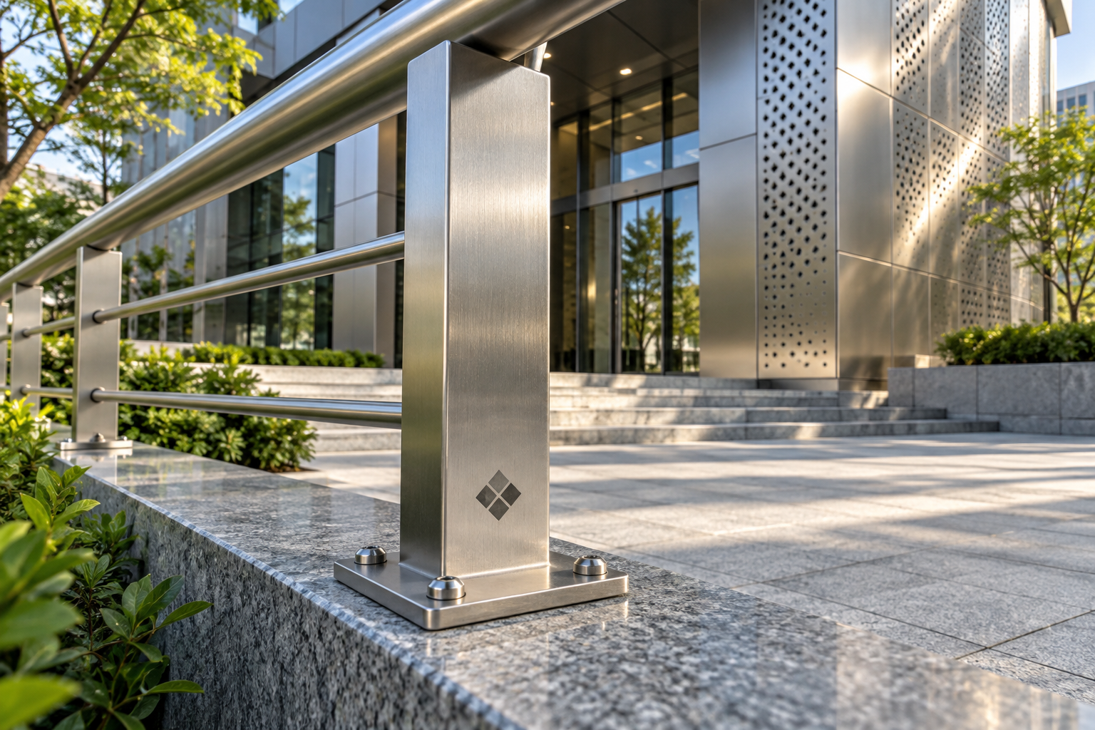 Outdoor application illustration of installed stainless-steel railing and architectural decoration
