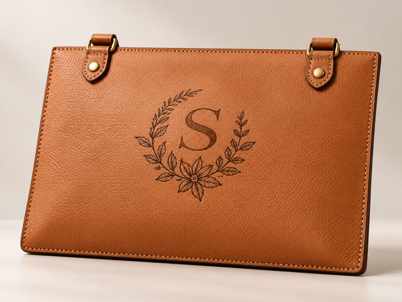 Brown leather bag with a floral monogram marking