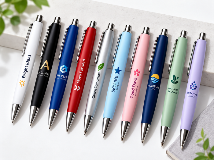 Colorful ballpoint pens with printed logos and promotional designs