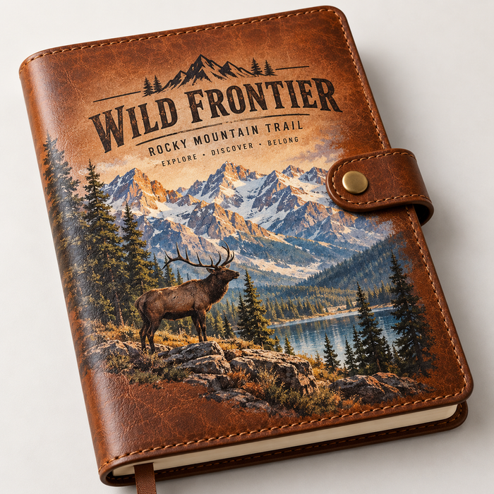 Mountain landscape artwork on a leather notebook cover