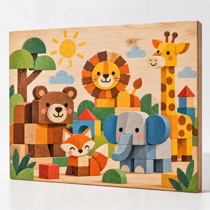 Colorful animal artwork printed on a wood panel