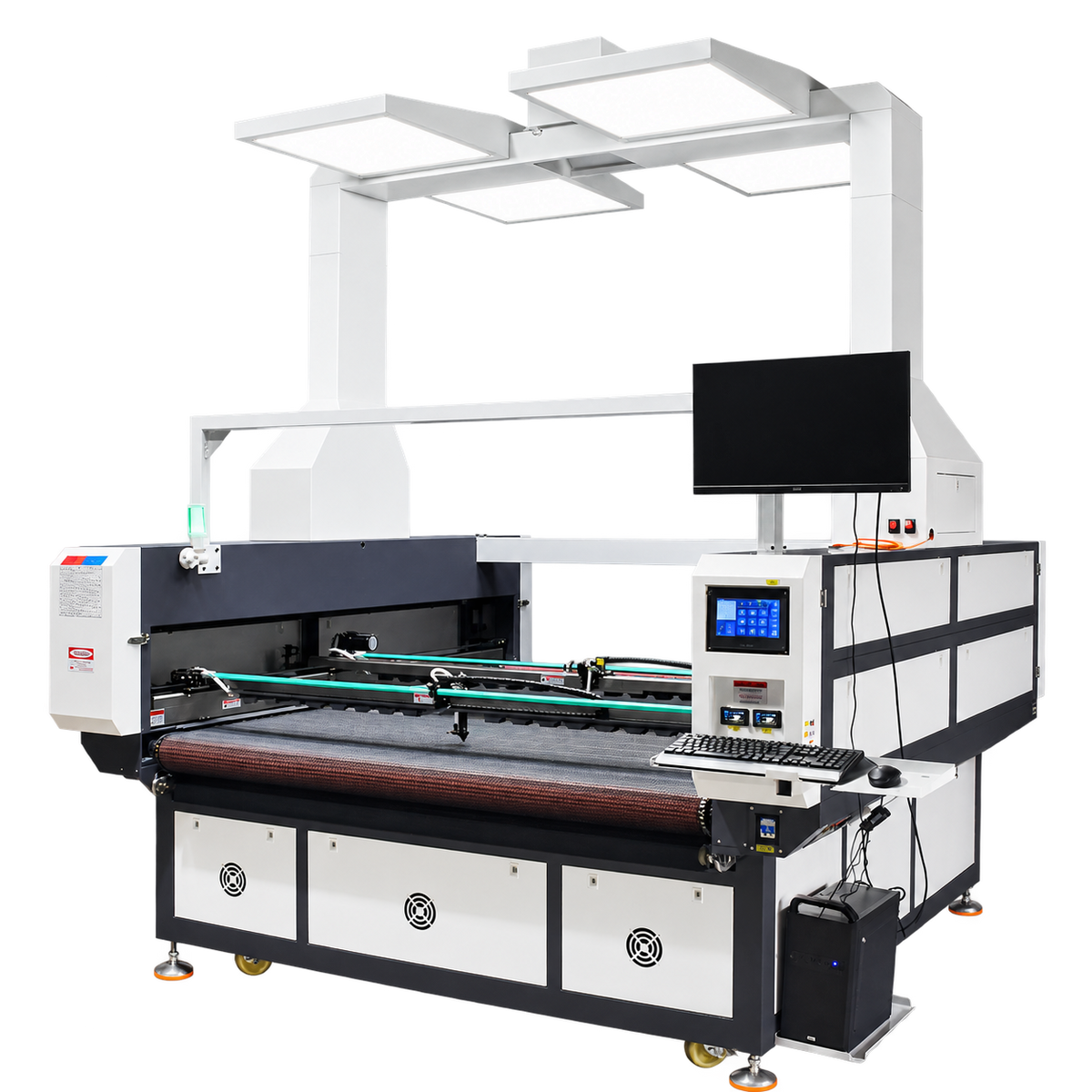 LZ-1816L panoramic vision fabric laser cutter with conveyor table; computer shown is configuration-dependent