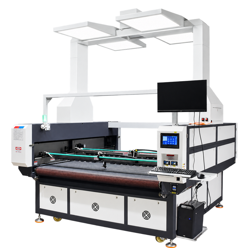 LZ-1816L panoramic vision fabric laser cutter with conveyor table; computer shown is configuration-dependent