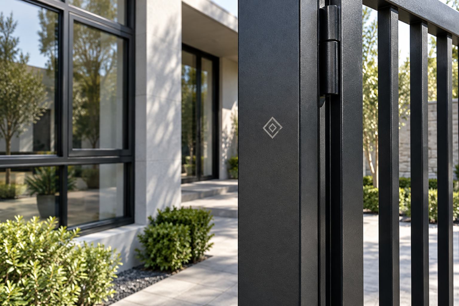 Outdoor application illustration of installed metal doors and window frames