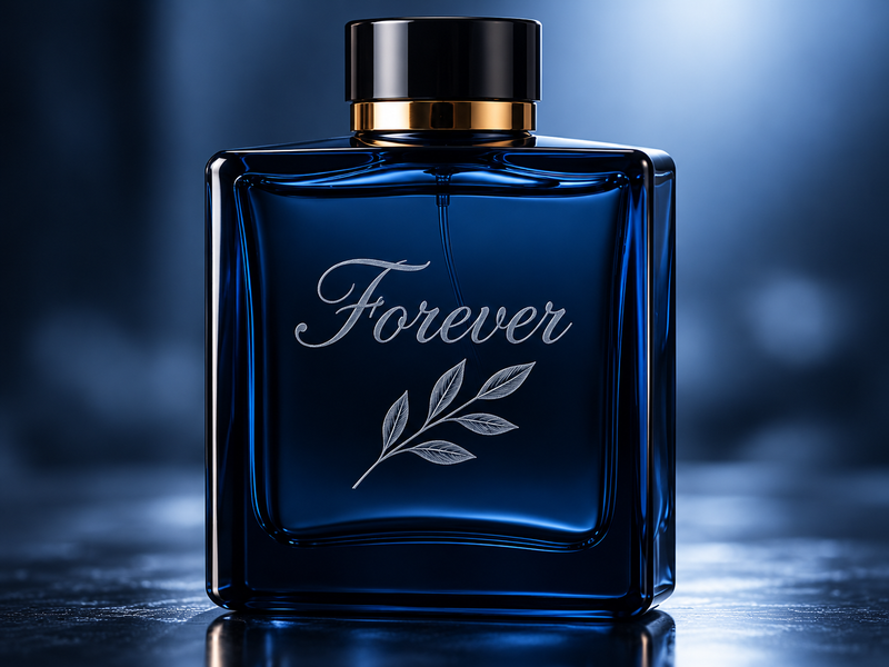 Blue glass perfume bottle with lettering and a leaf design