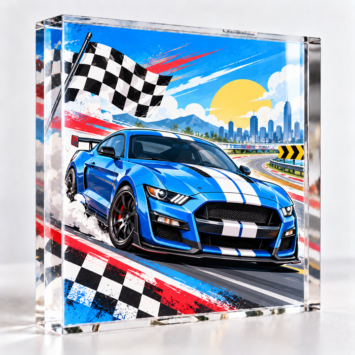 Colorful racing car artwork on an acrylic display panel